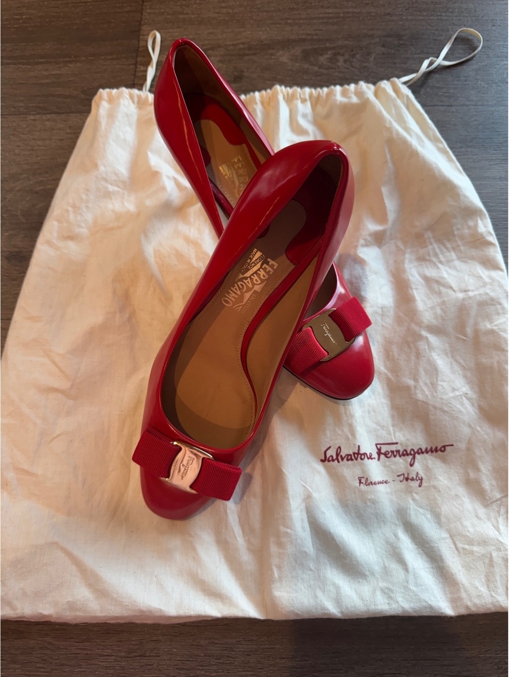 Salvatore Ferragamo Red Patent Leather Bow Pumps Size 7.5